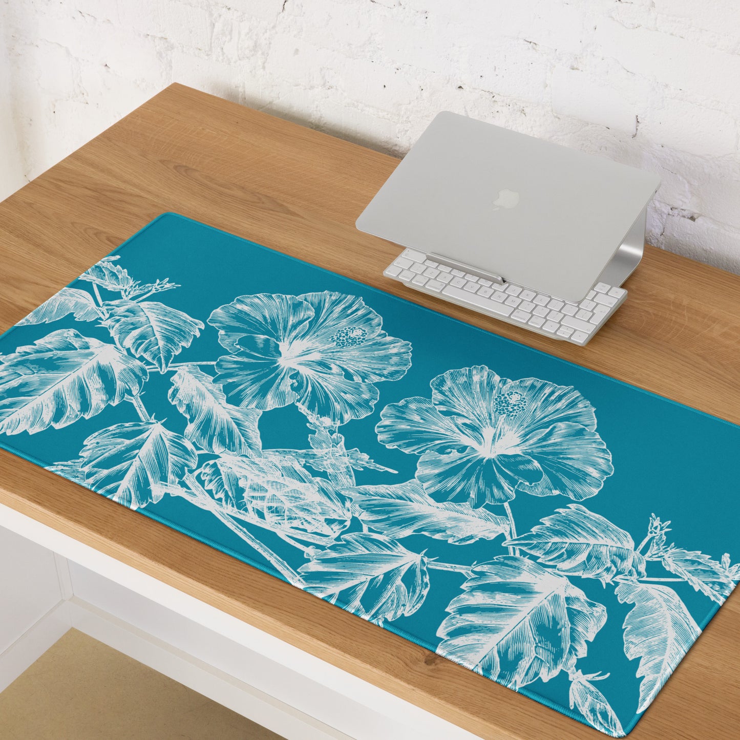 White Flowers Teal Desk Mat Large Laptop Gaming Mouse Pad 36″ × 18″