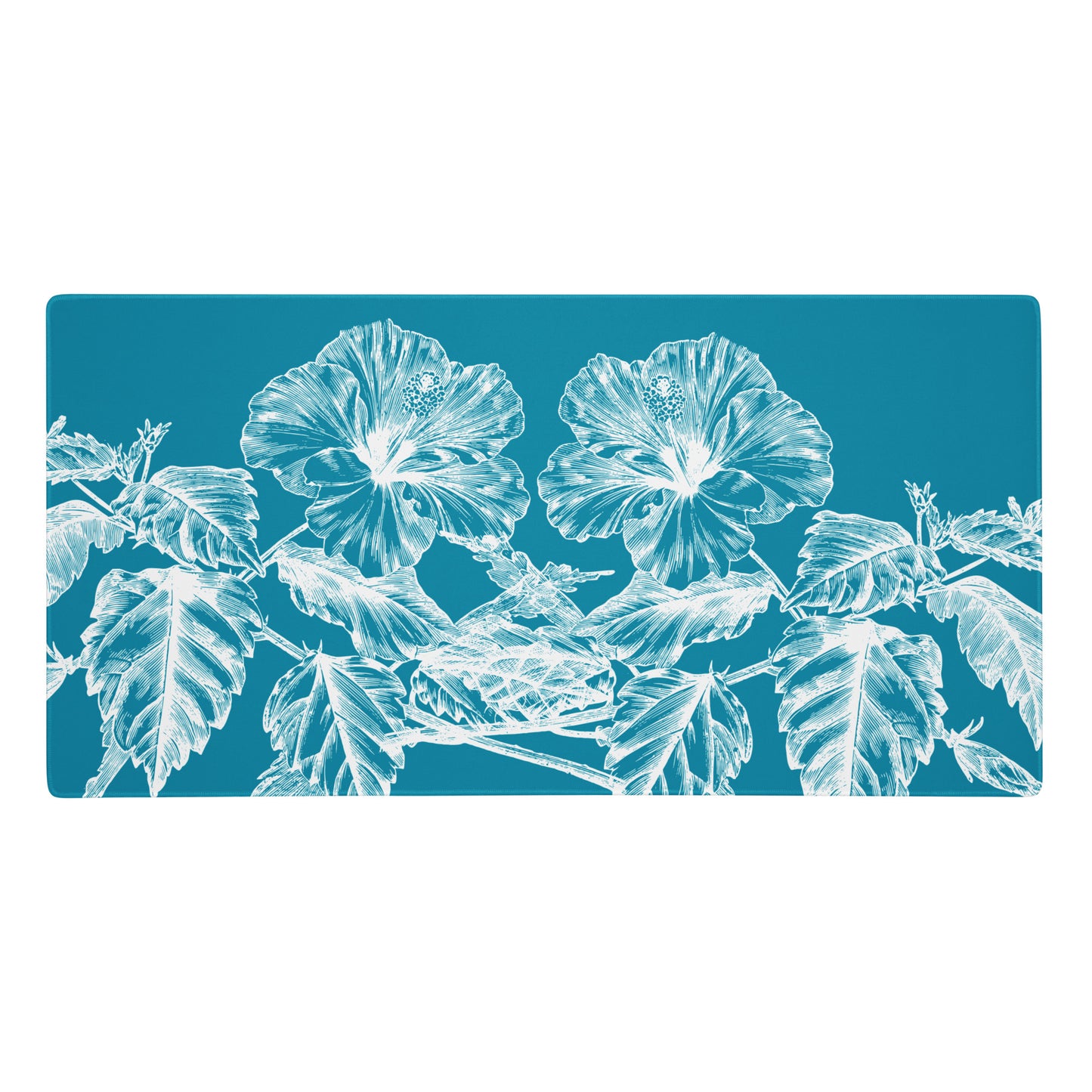 White Flowers Teal Desk Mat Large Laptop Gaming Mouse Pad 36″ × 18″