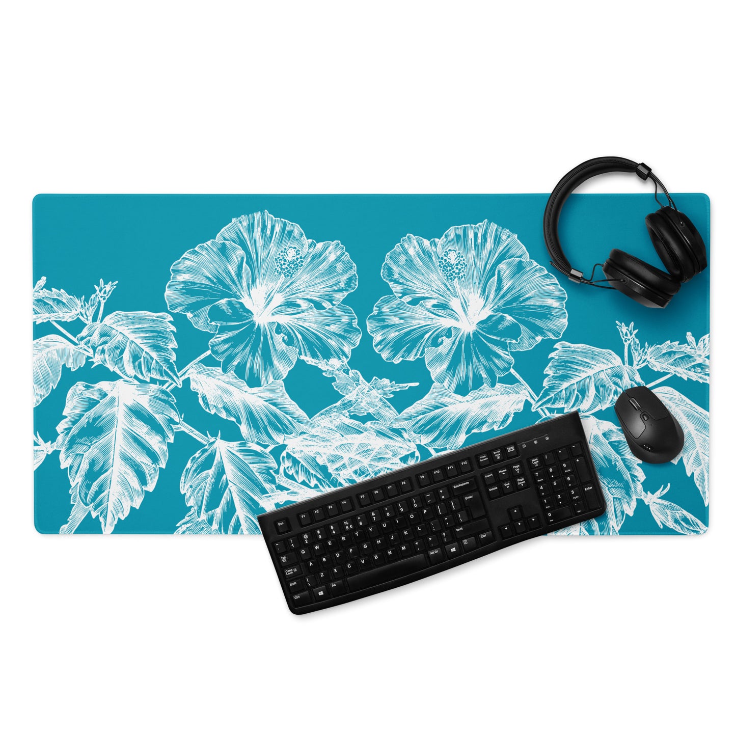 White Flowers Teal Desk Mat Large Laptop Gaming Mouse Pad 36″ × 18″