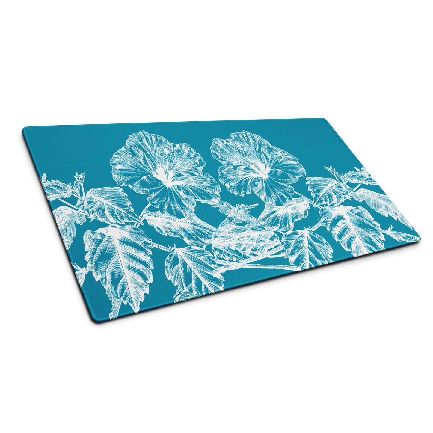 White Flowers Teal Desk Mat Large Laptop Gaming Mouse Pad 36″ × 18″