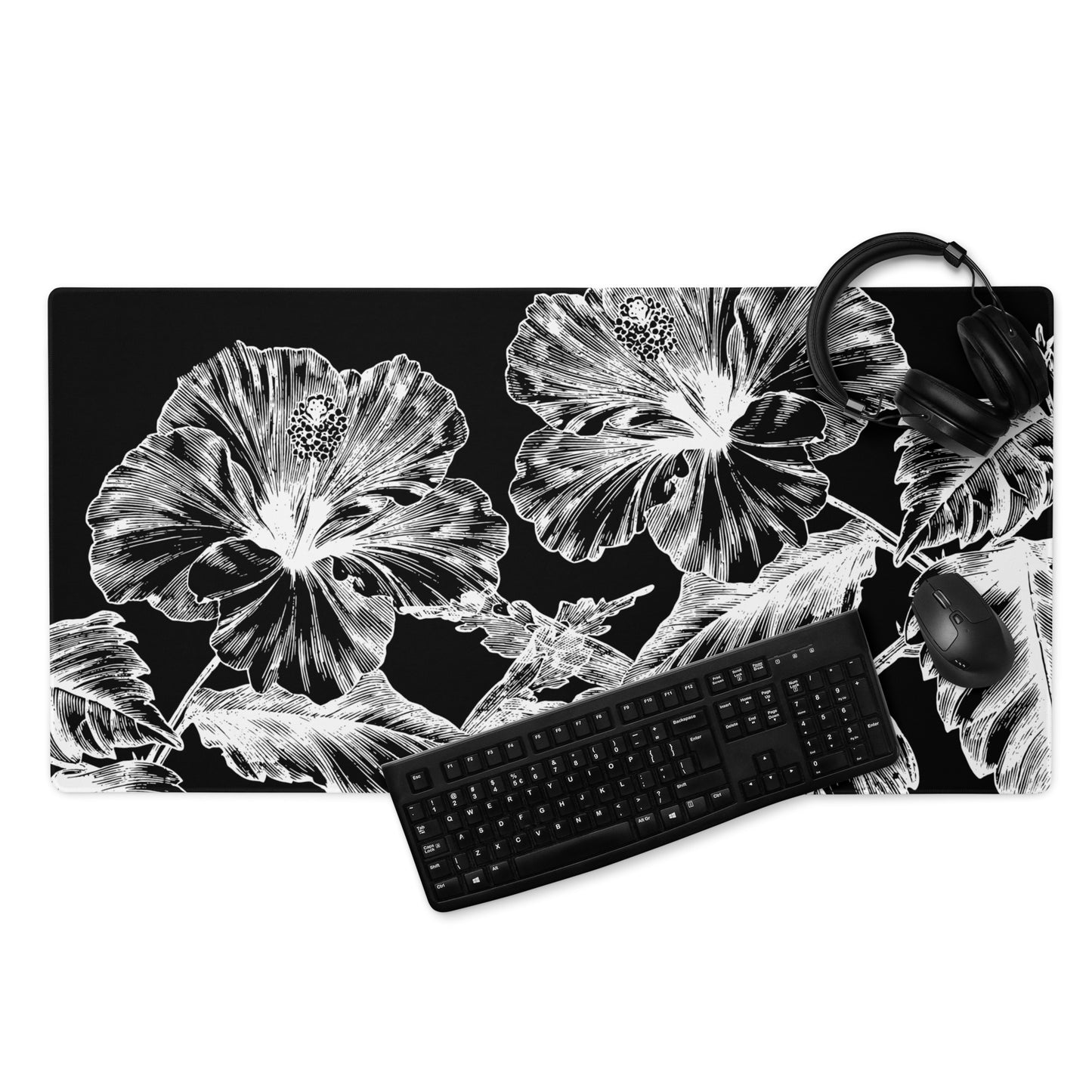 White Flowers Black Desk Mat Large Laptop Gaming Mouse Pad 36″ × 18″