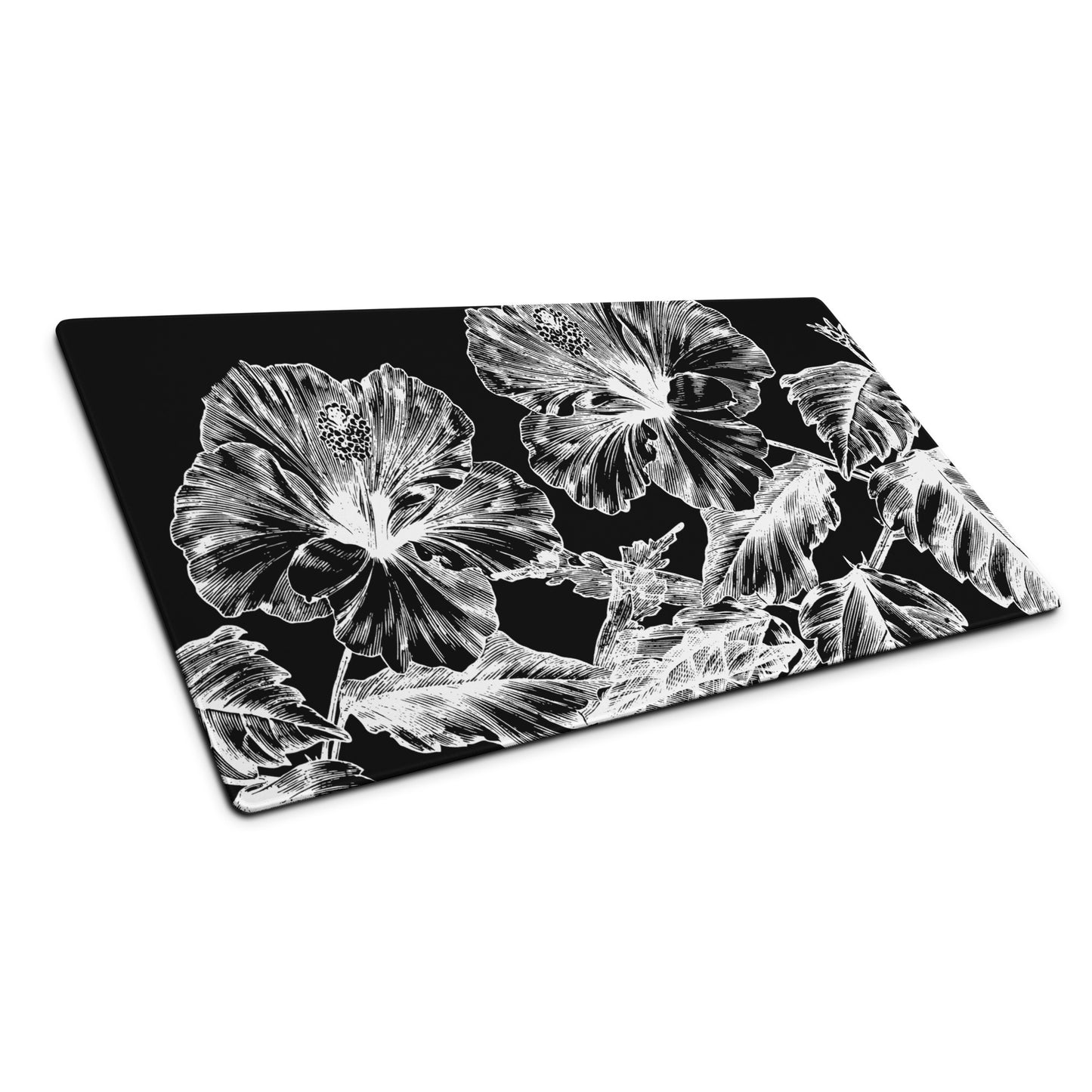 White Flowers Black Desk Mat Large Laptop Gaming Mouse Pad 36″ × 18″