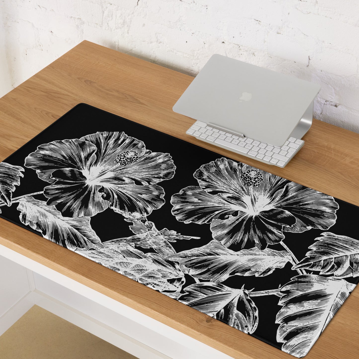 White Flowers Black Desk Mat Large Laptop Gaming Mouse Pad 36″ × 18″