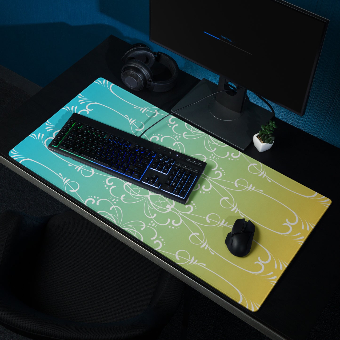 Simple Swirl Teal Yellow Desk Mat Large Laptop Gaming Mouse Pad 36″ × 18″