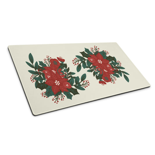 Poinsettia Holly Berry Cream Desk Mat Large Laptop Gaming Mouse Pad 36″ × 18″