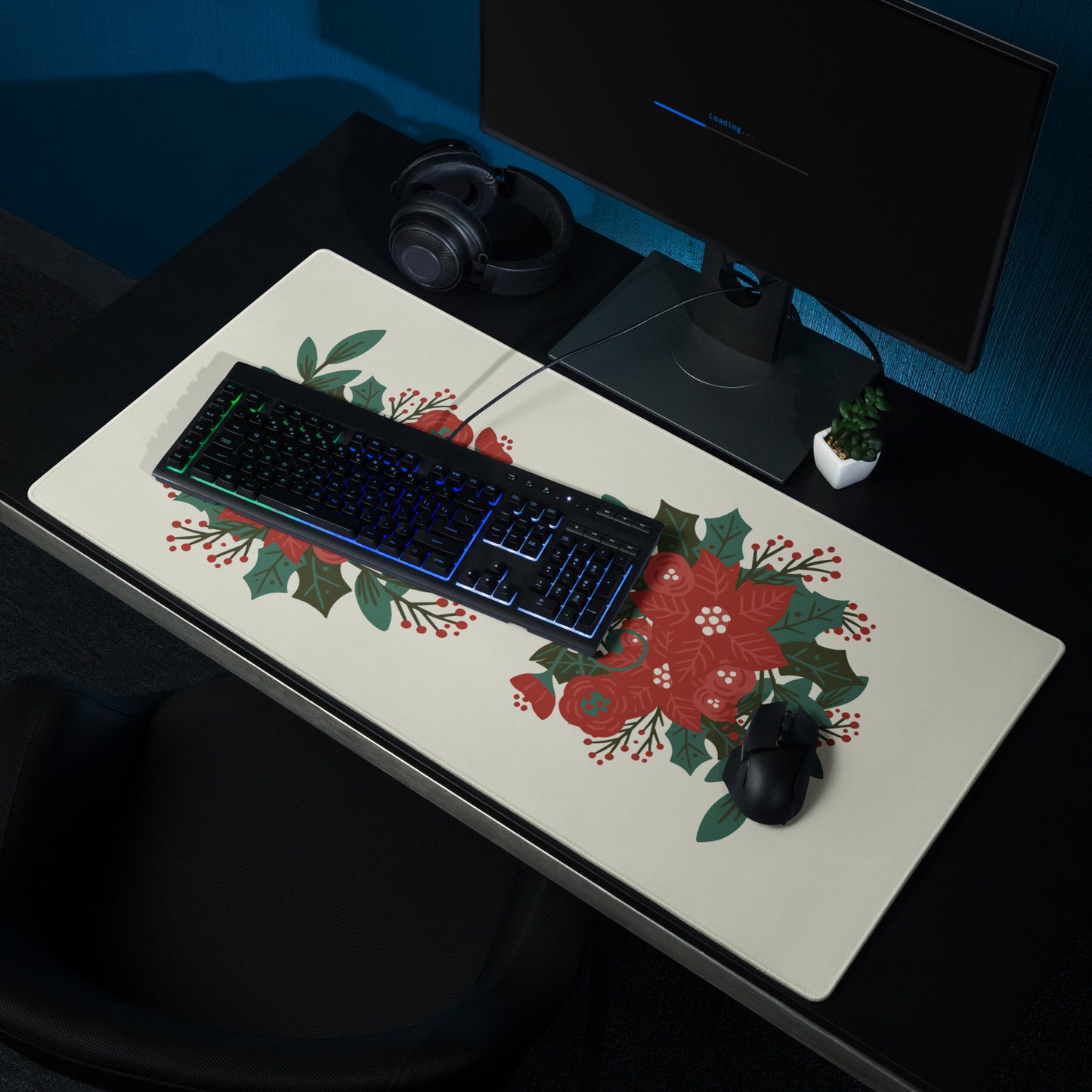 Poinsettia Holly Berry Cream Desk Mat Large Laptop Gaming Mouse Pad 36″ × 18″