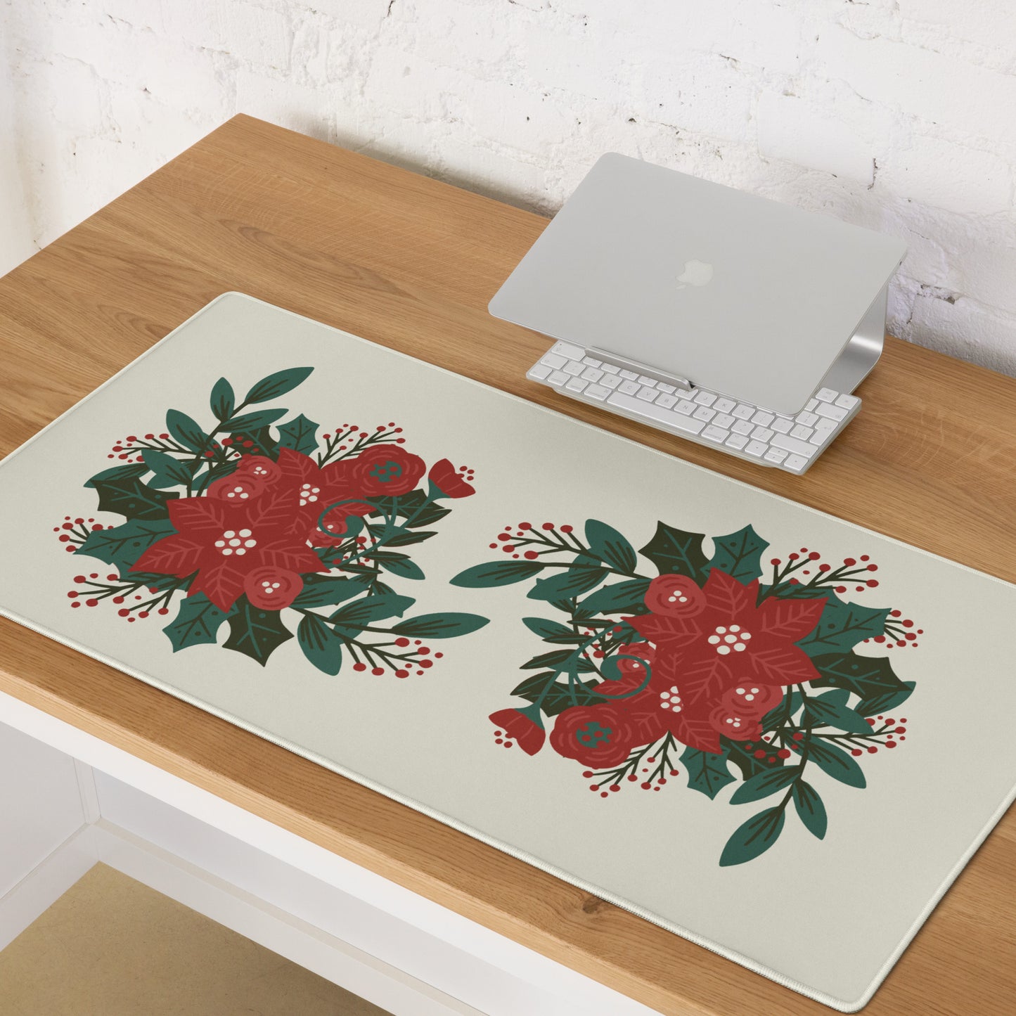 Poinsettia Holly Berry Cream Desk Mat Large Laptop Gaming Mouse Pad 36″ × 18″