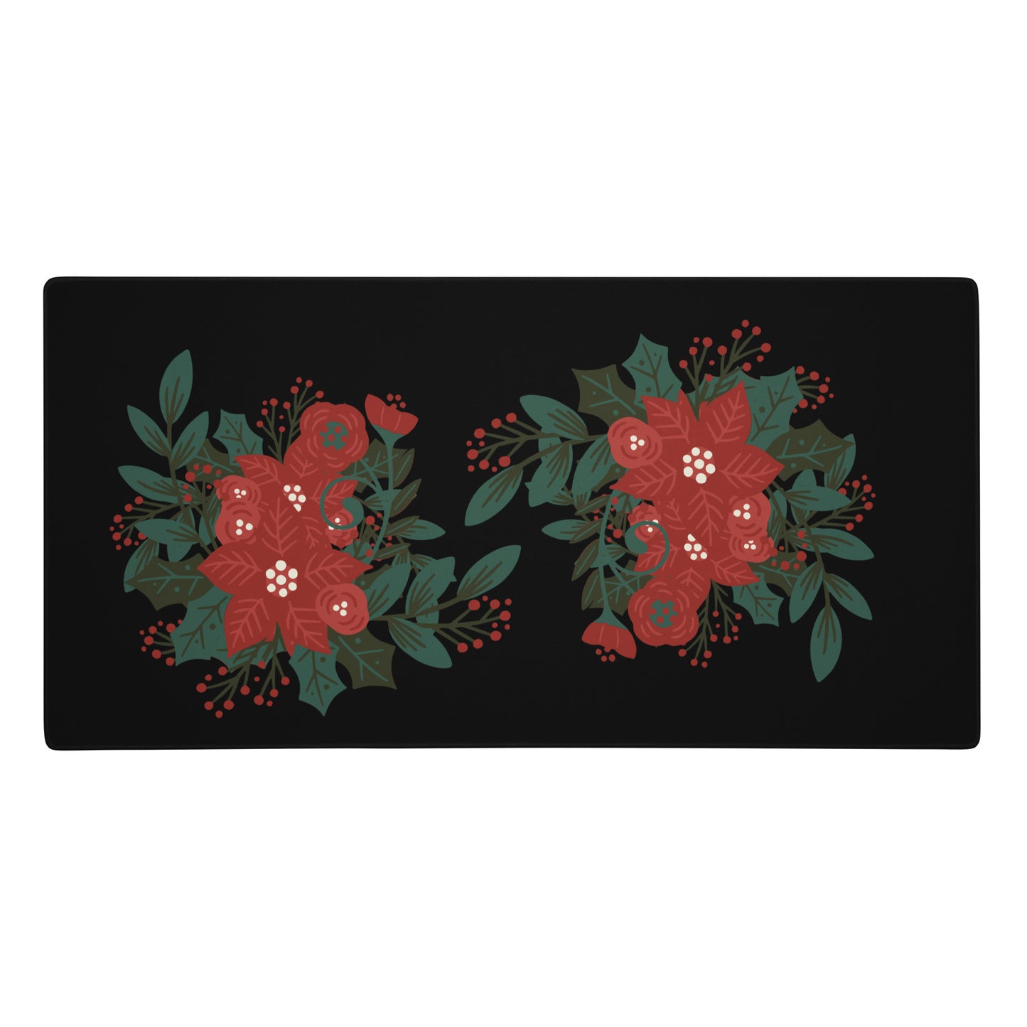 Poinsettia Holly Berry Black Desk Mat Large Laptop Gaming Mouse Pad 36″ × 18″