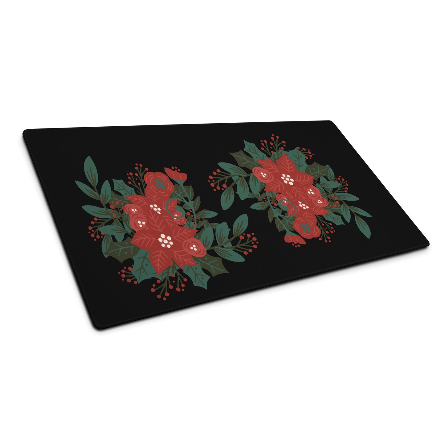 Poinsettia Holly Berry Black Desk Mat Large Laptop Gaming Mouse Pad 36″ × 18″