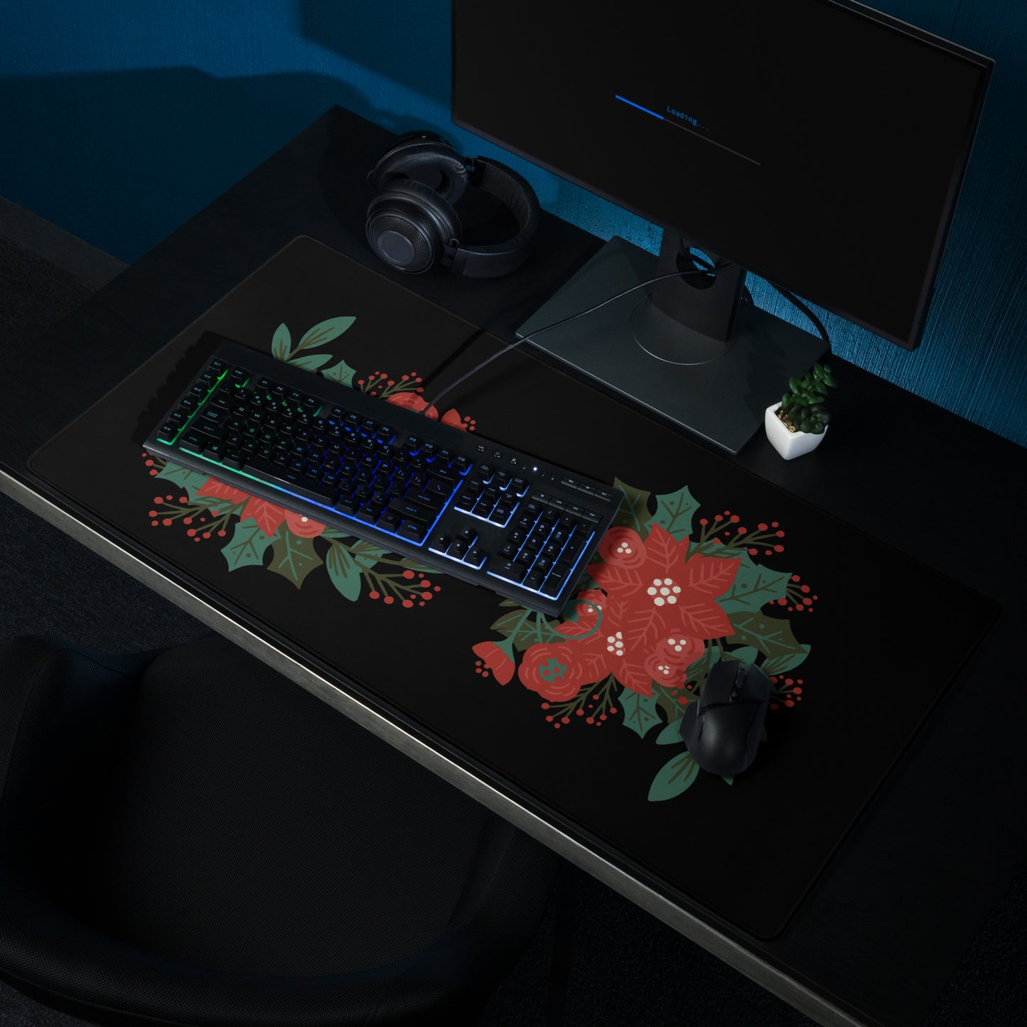 Poinsettia Holly Berry Black Desk Mat Large Laptop Gaming Mouse Pad 36″ × 18″