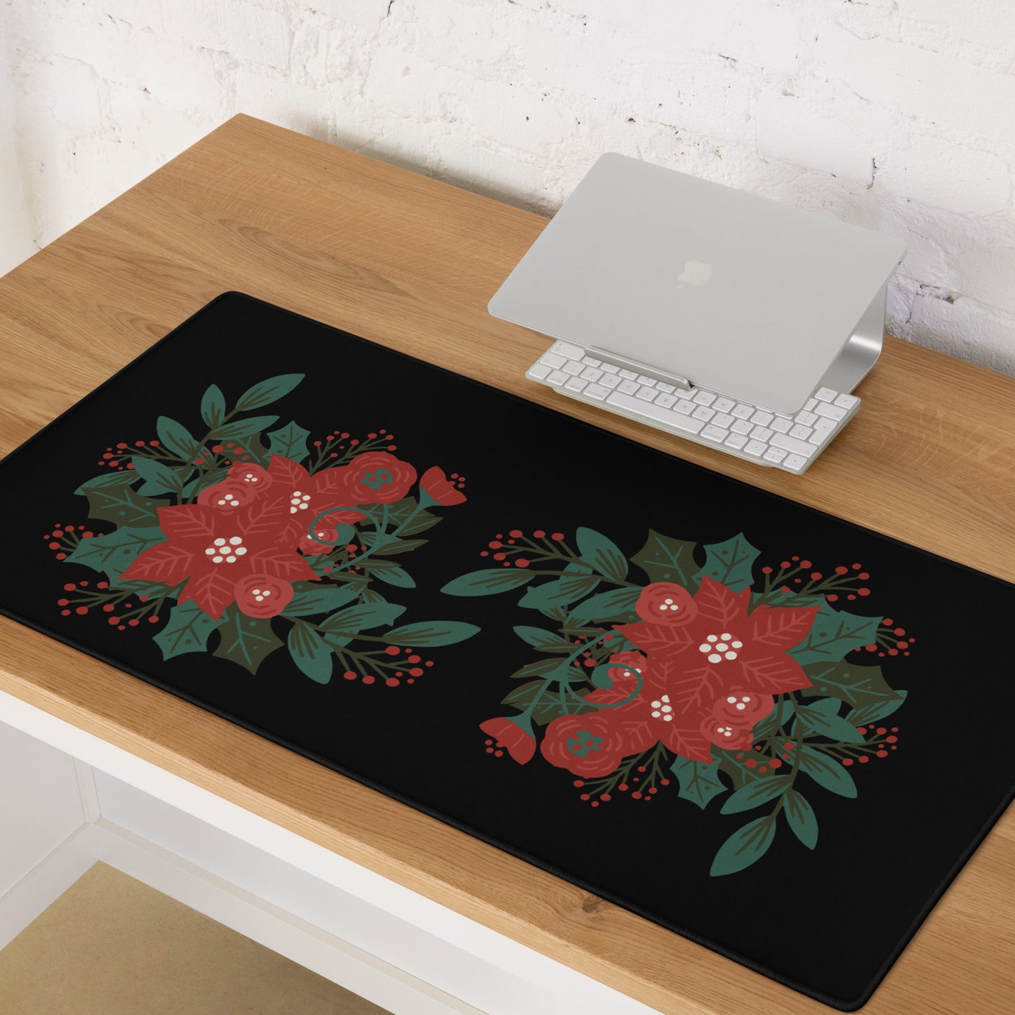 Poinsettia Holly Berry Black Desk Mat Large Laptop Gaming Mouse Pad 36″ × 18″