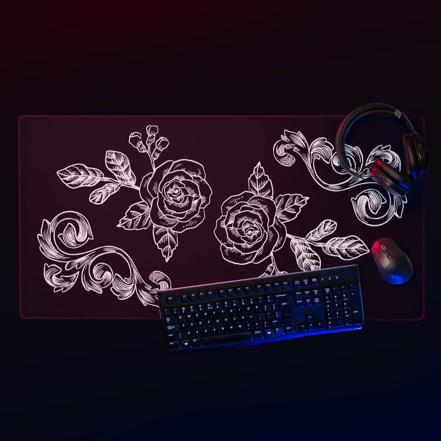 Flower Filigree Black Desk Mat Large Laptop Gaming Mouse Pad 36″ × 18″