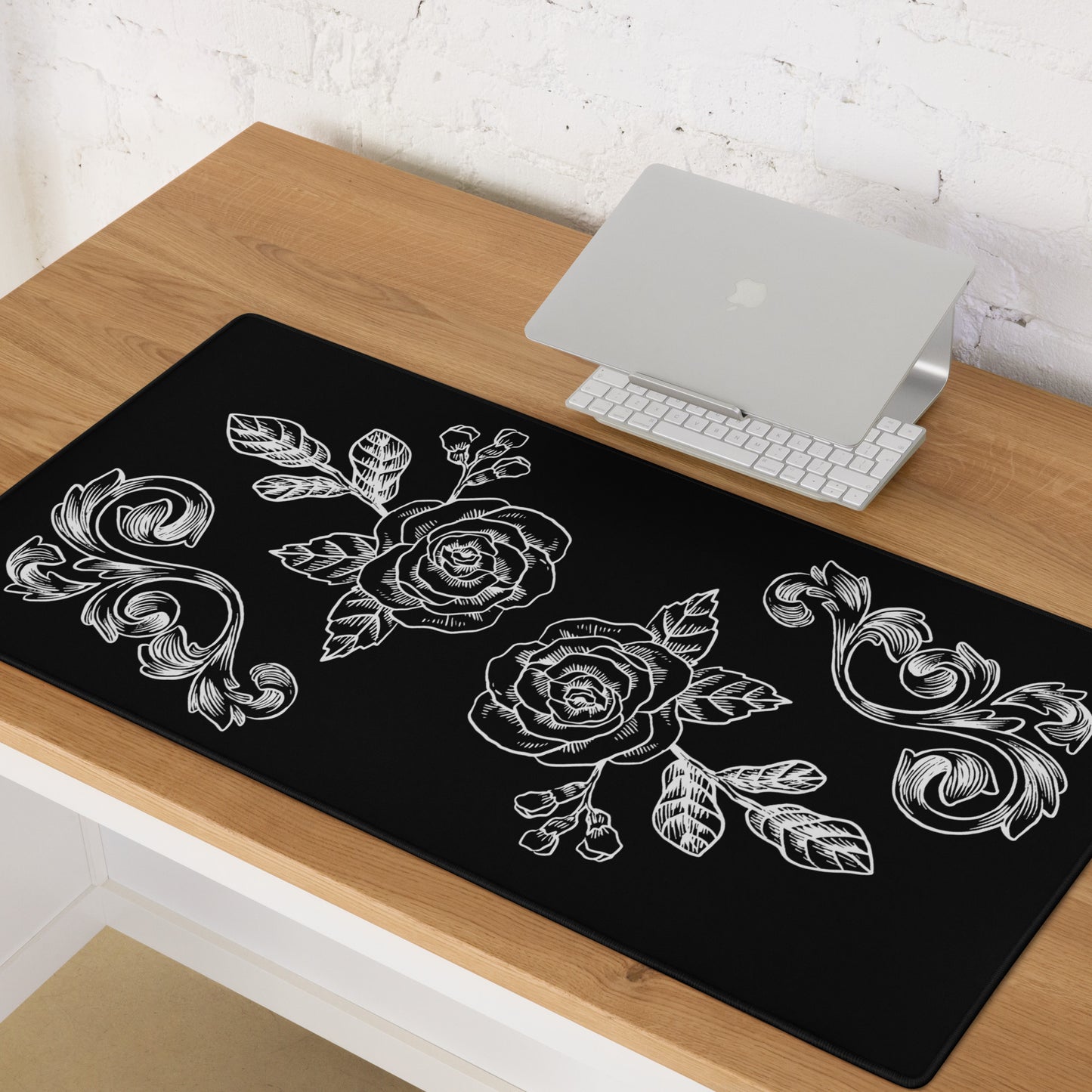 Flower Filigree Black Desk Mat Large Laptop Gaming Mouse Pad 36″ × 18″