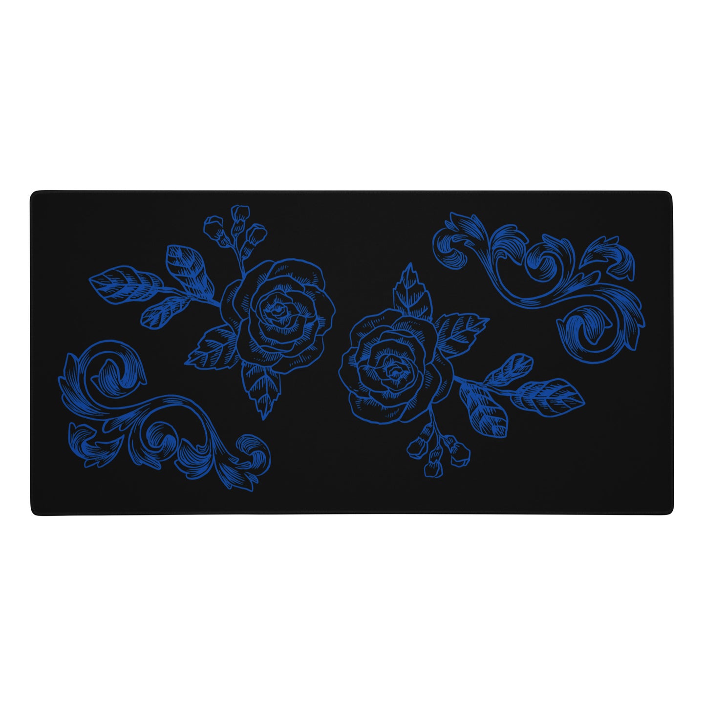 Deep Blue Flower Filigree Black Desk Mat Large Laptop Gaming Mouse Pad 36″ × 18″