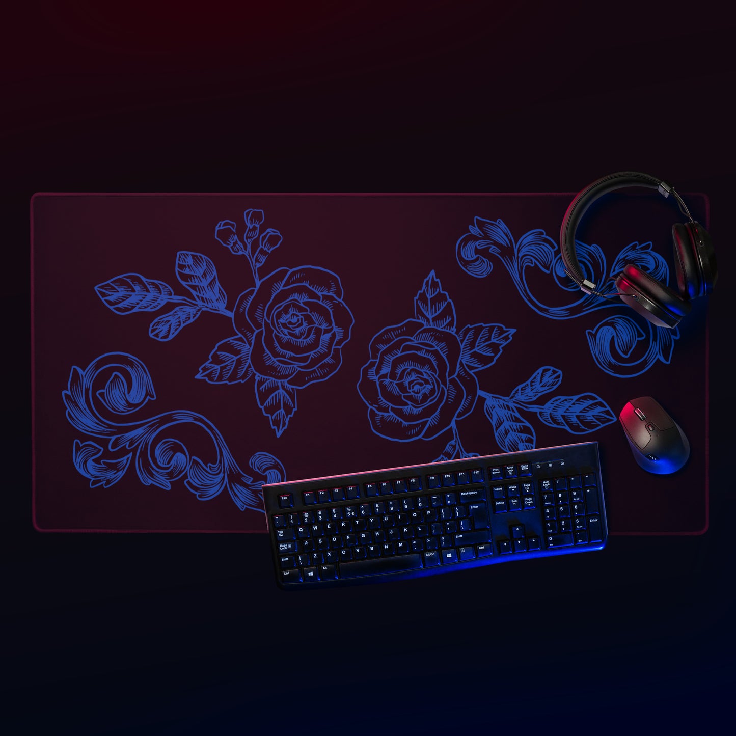 Deep Blue Flower Filigree Black Desk Mat Large Laptop Gaming Mouse Pad 36″ × 18″