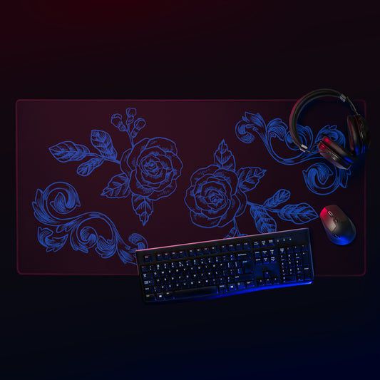 Deep Blue Flower Filigree Black Desk Mat Large Laptop Gaming Mouse Pad 36″ × 18″