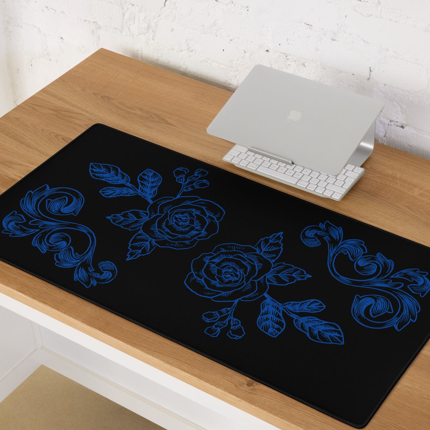 Deep Blue Flower Filigree Black Desk Mat Large Laptop Gaming Mouse Pad 36″ × 18″