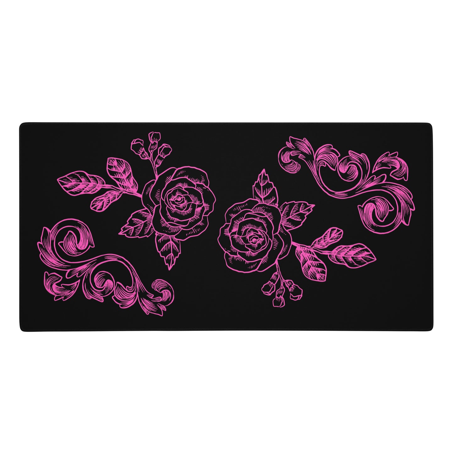 Pink Flower Filigree Black Desk Mat Large Laptop Gaming Mouse Pad 36″ × 18″