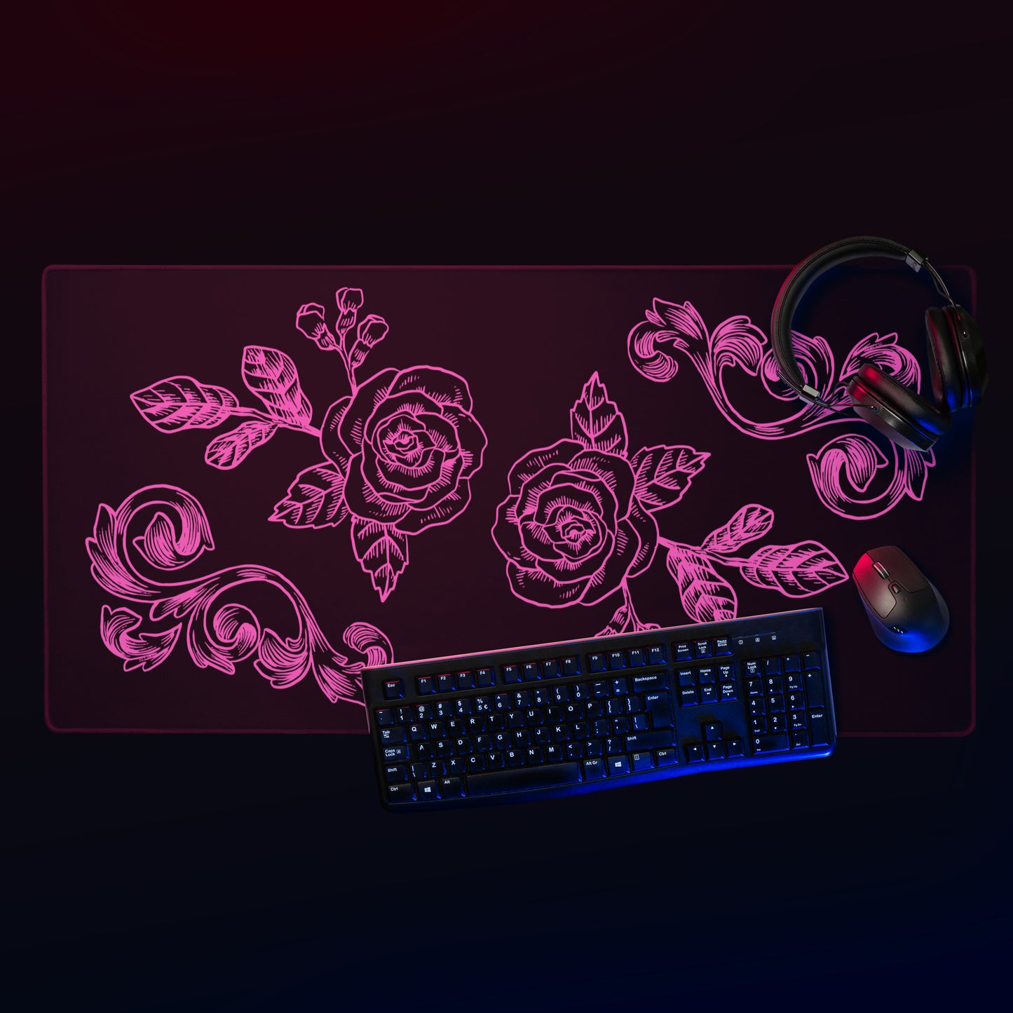 Pink Flower Filigree Black Desk Mat Large Laptop Gaming Mouse Pad 36″ × 18″