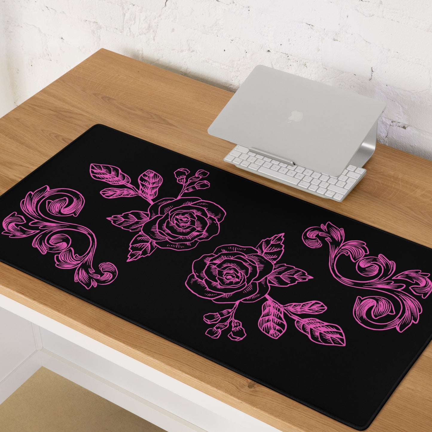 Pink Flower Filigree Black Desk Mat Large Laptop Gaming Mouse Pad 36″ × 18″