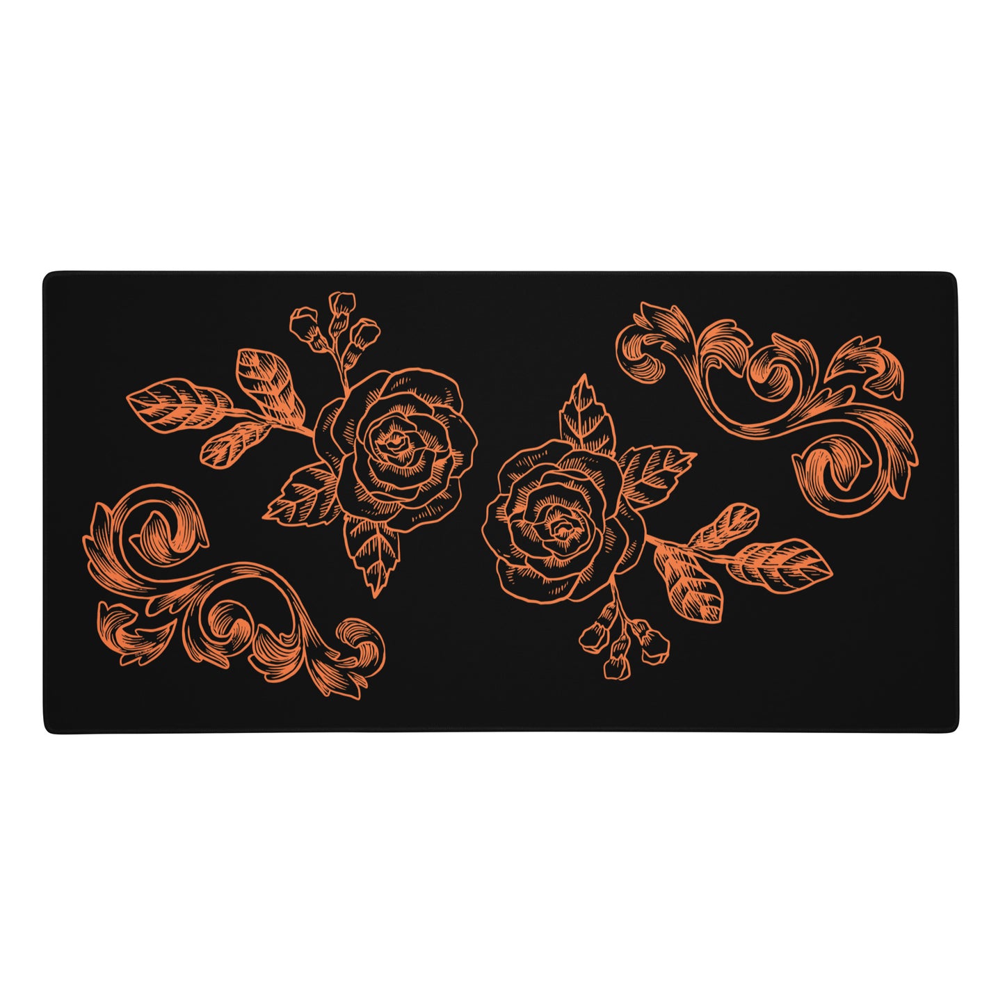 Orange Flower Filigree Black Desk Mat Large Laptop Gaming Mouse Pad 36″ × 18″