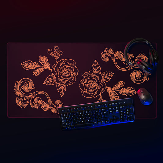 Orange Flower Filigree Black Desk Mat Large Laptop Gaming Mouse Pad 36″ × 18″