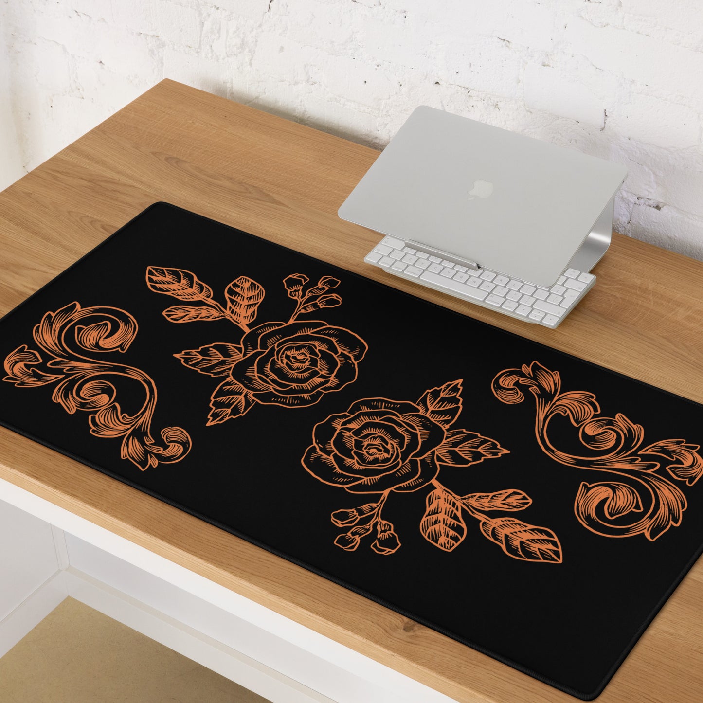 Orange Flower Filigree Black Desk Mat Large Laptop Gaming Mouse Pad 36″ × 18″