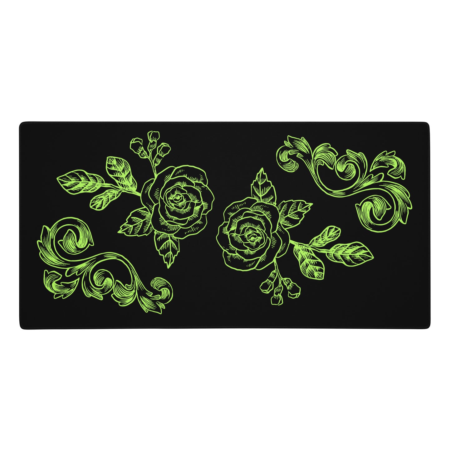 Green Flower Filigree Black Desk Mat Large Laptop Gaming Mouse Pad 36″ × 18″