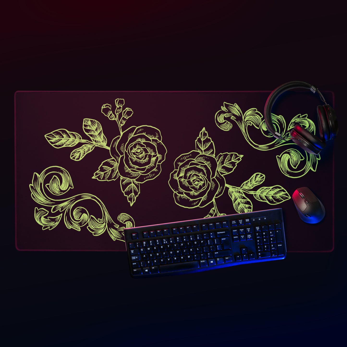 Green Flower Filigree Black Desk Mat Large Laptop Gaming Mouse Pad 36″ × 18″