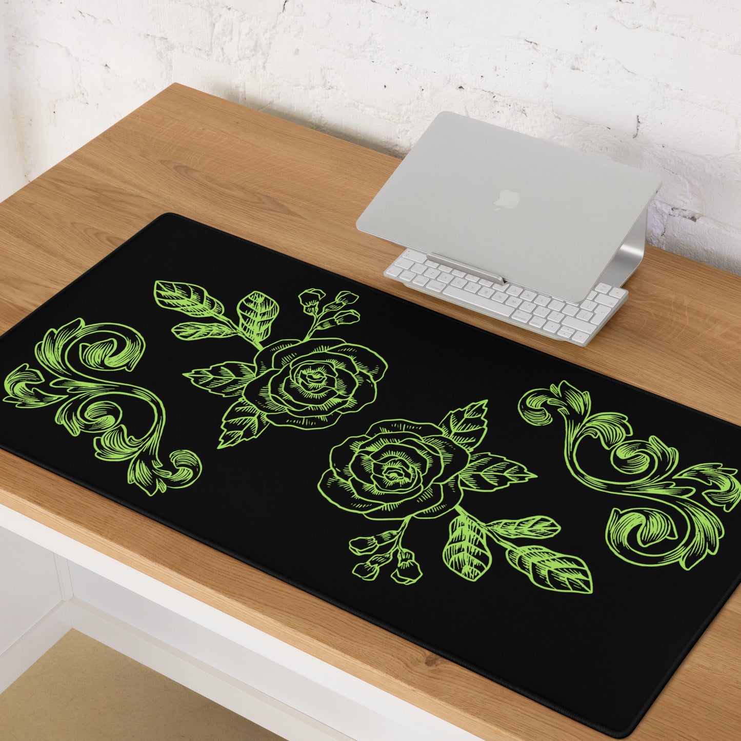 Green Flower Filigree Black Desk Mat Large Laptop Gaming Mouse Pad 36″ × 18″