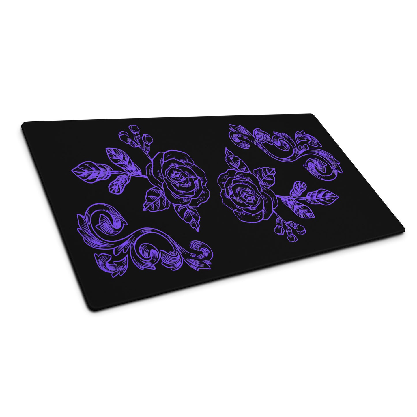 Purple Flower Filigree Black Desk Mat Large Laptop Gaming Mouse Pad 36″ × 18″