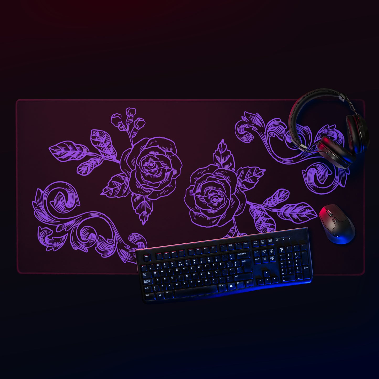 Purple Flower Filigree Black Desk Mat Large Laptop Gaming Mouse Pad 36″ × 18″