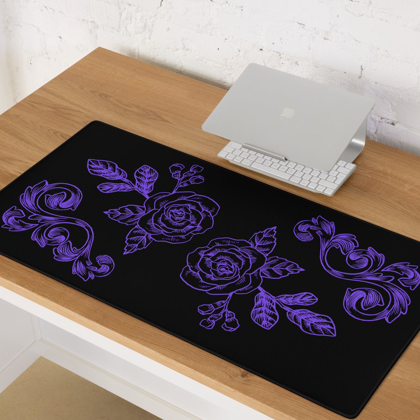 Purple Flower Filigree Black Desk Mat Large Laptop Gaming Mouse Pad 36″ × 18″