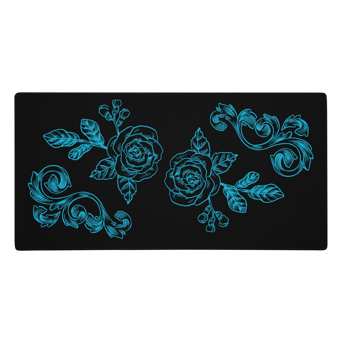 Blue Flower Filigree Black Desk Mat Large Laptop Gaming Mouse Pad 36″ × 18″