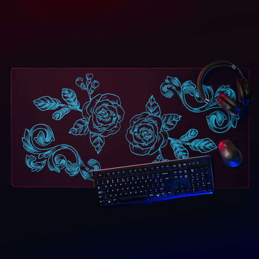 Blue Flower Filigree Black Desk Mat Large Laptop Gaming Mouse Pad 36″ × 18″