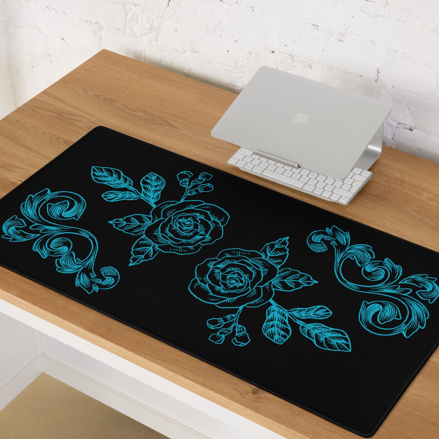 Blue Flower Filigree Black Desk Mat Large Laptop Gaming Mouse Pad 36″ × 18″