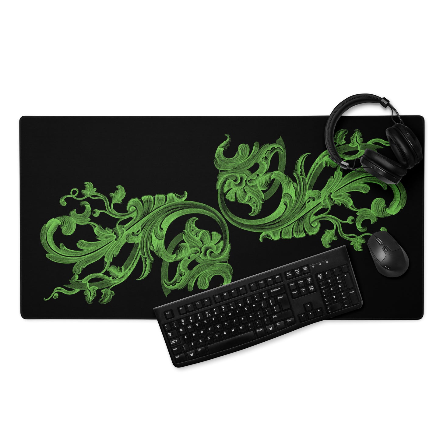 Art Nouveau Filigree Green Black Desk Mat Large Laptop Gaming Mouse Pad 36″ × 18″