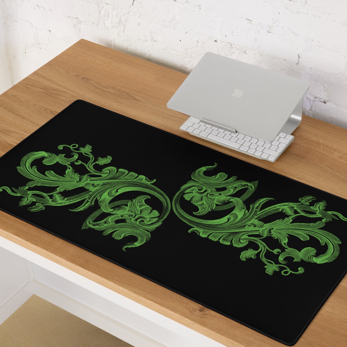 Art Nouveau Filigree Green Black Desk Mat Large Laptop Gaming Mouse Pad 36″ × 18″