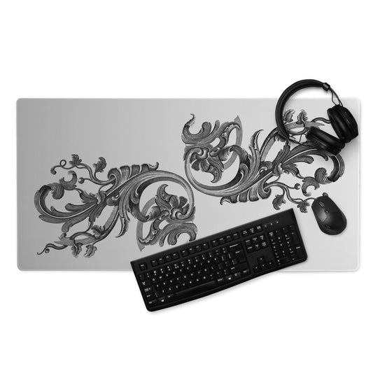 Art Nouveau Filigree Grey Gradient Desk Mat Large Laptop Gaming Mouse Pad 36″ × 18″