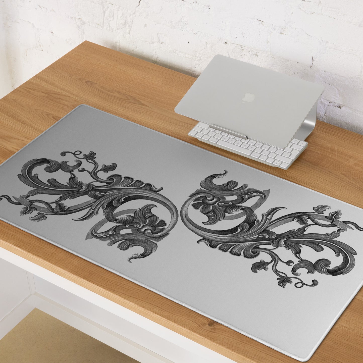 Art Nouveau Filigree Grey Gradient Desk Mat Large Laptop Gaming Mouse Pad 36″ × 18″