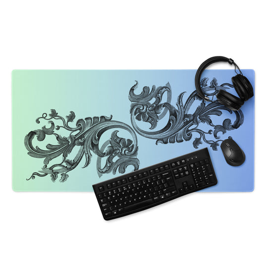 Art Nouveau Filigree Green Blue Gradient Desk Mat Large Laptop Gaming Mouse Pad 36″ × 18″