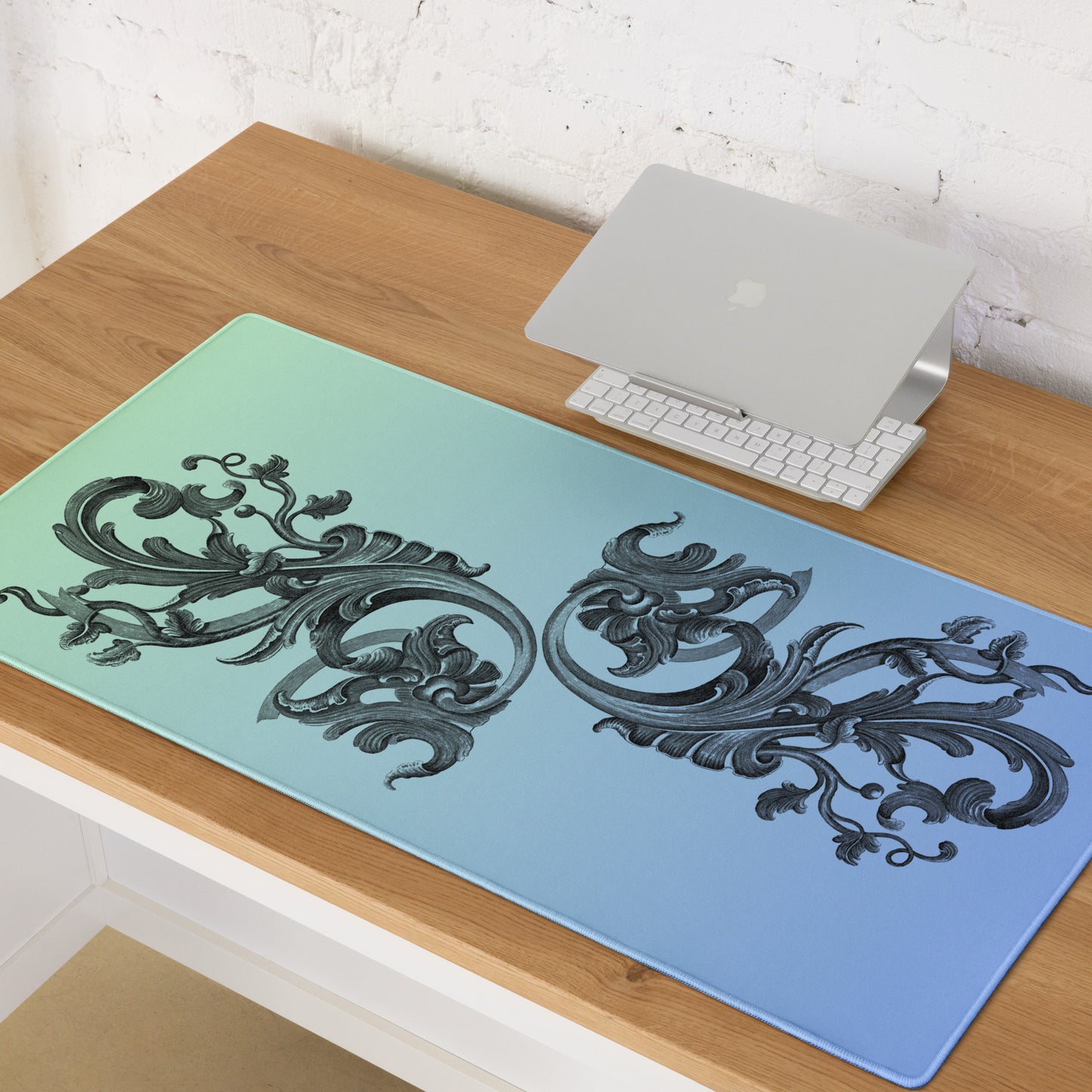 Art Nouveau Filigree Green Blue Gradient Desk Mat Large Laptop Gaming Mouse Pad 36″ × 18″