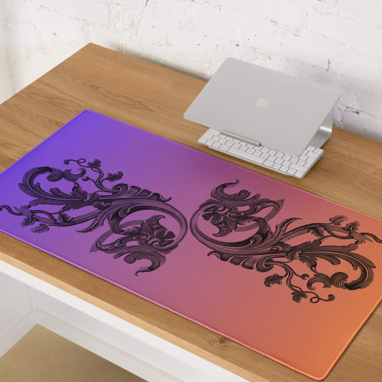 Art Nouveau Filigree Purple Orange Gradient Desk Mat Large Laptop Gaming Mouse Pad 36″ × 18″