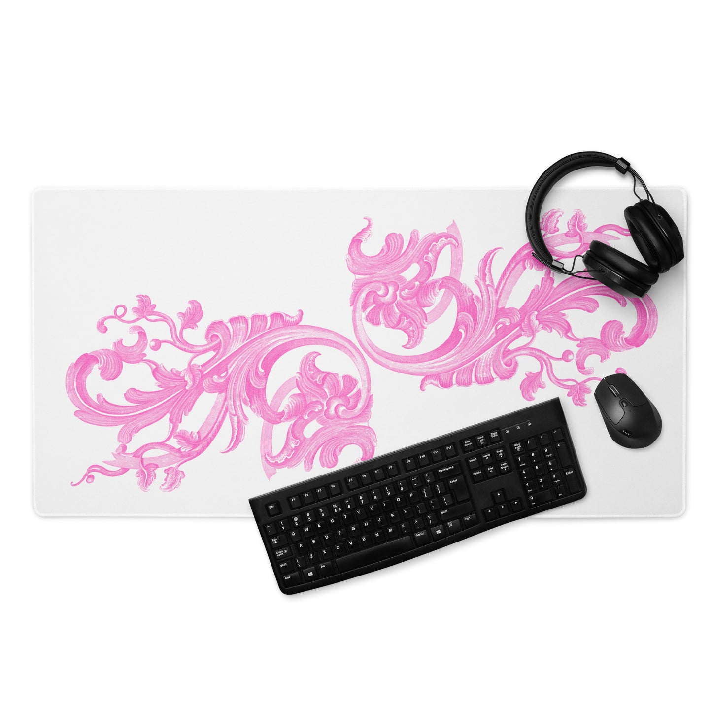 Art Nouveau Filigree Pink White Desk Mat Large Laptop Gaming Mouse Pad 36″ × 18″