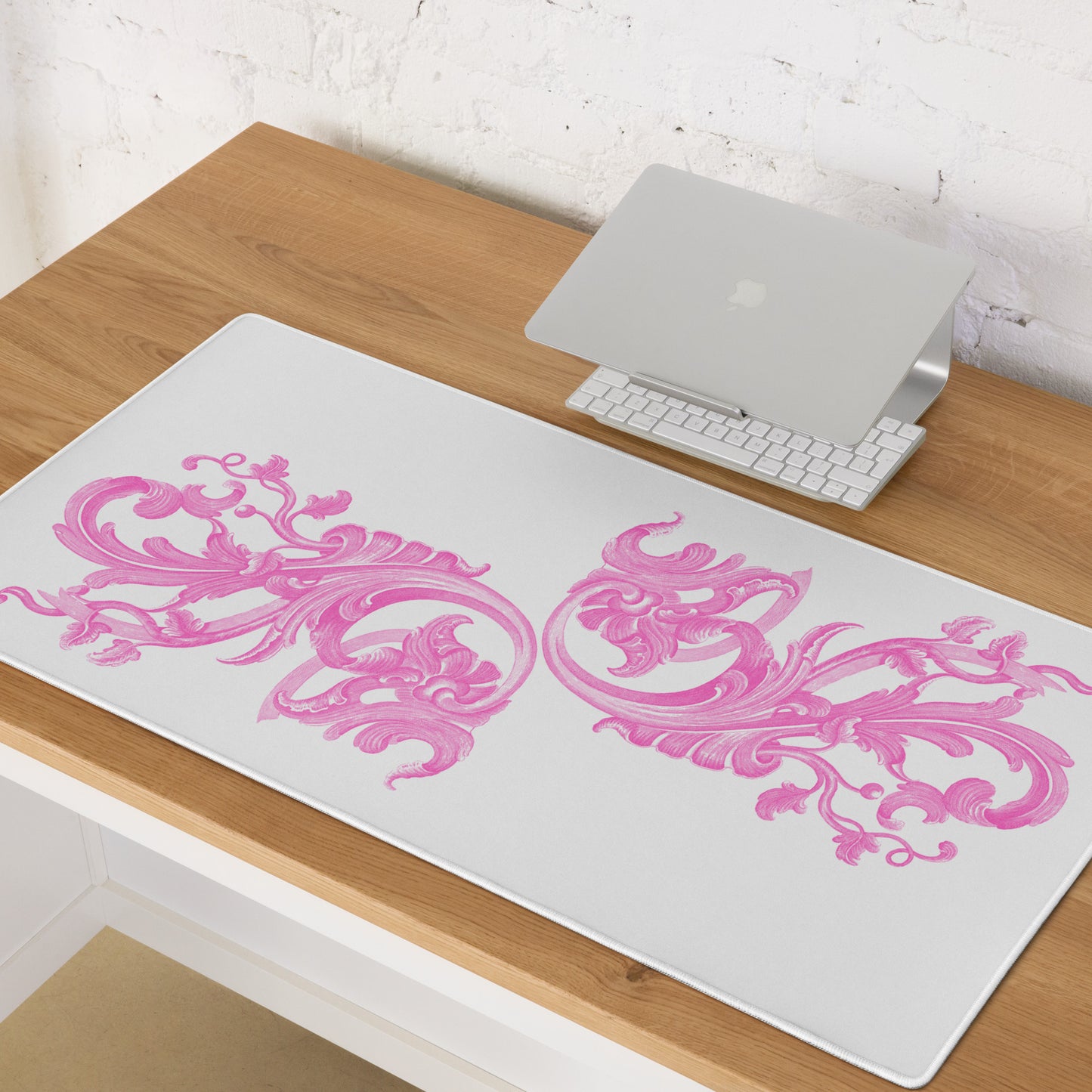 Art Nouveau Filigree Pink White Desk Mat Large Laptop Gaming Mouse Pad 36″ × 18″