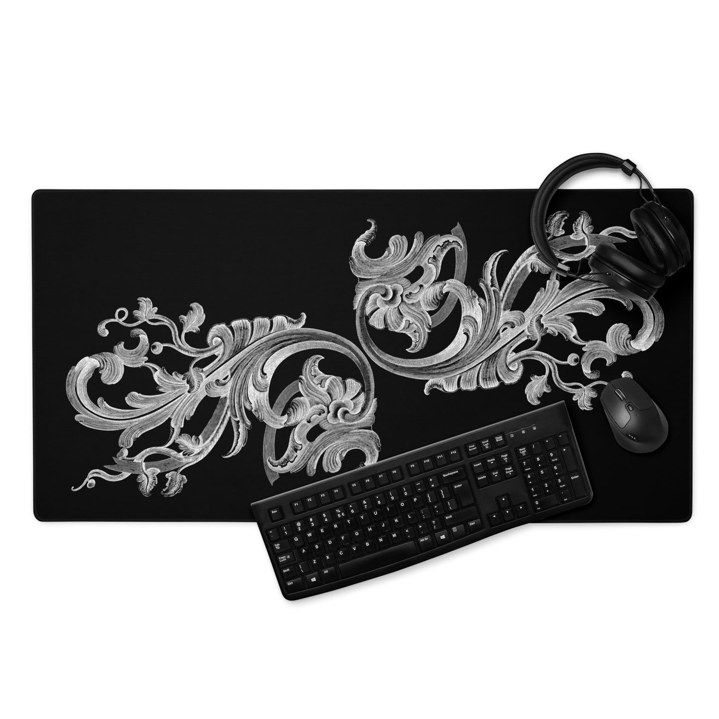 Art Nouveau Filigree White Black Desk Mat Large Laptop Gaming Mouse Pad 36″ × 18″