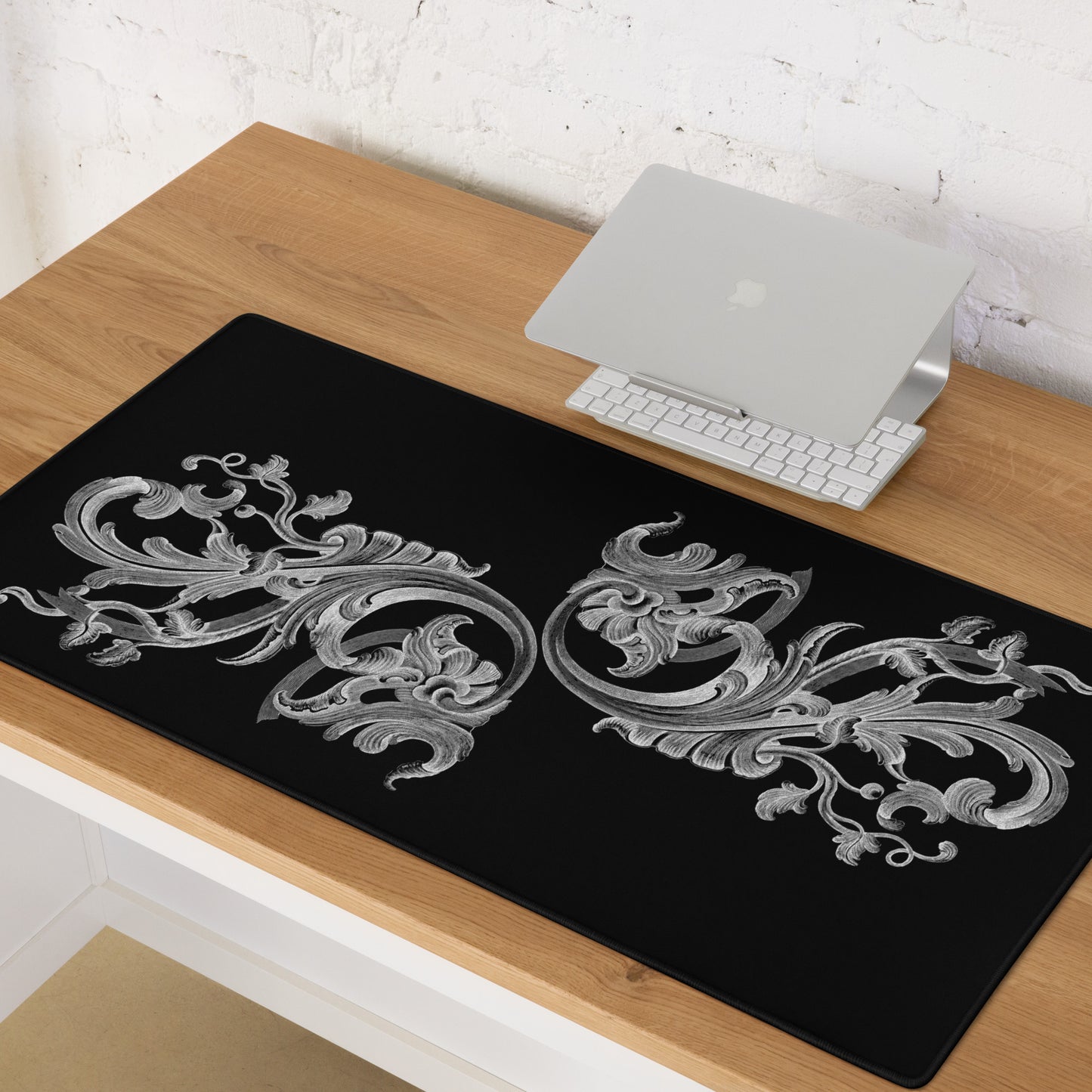 Art Nouveau Filigree White Black Desk Mat Large Laptop Gaming Mouse Pad 36″ × 18″