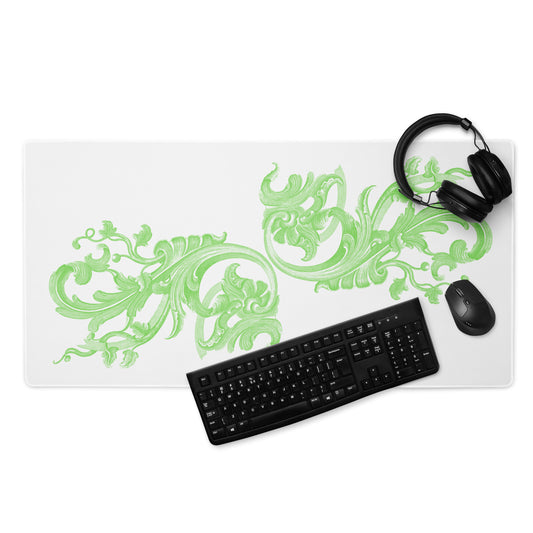 Art Nouveau Filigree Green White Desk Mat Large Laptop Gaming Mouse Pad 36″ × 18″