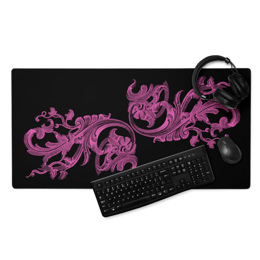 Art Nouveau Filigree Pink Black Desk Mat Large Laptop Gaming Mouse Pad 36″ × 18″