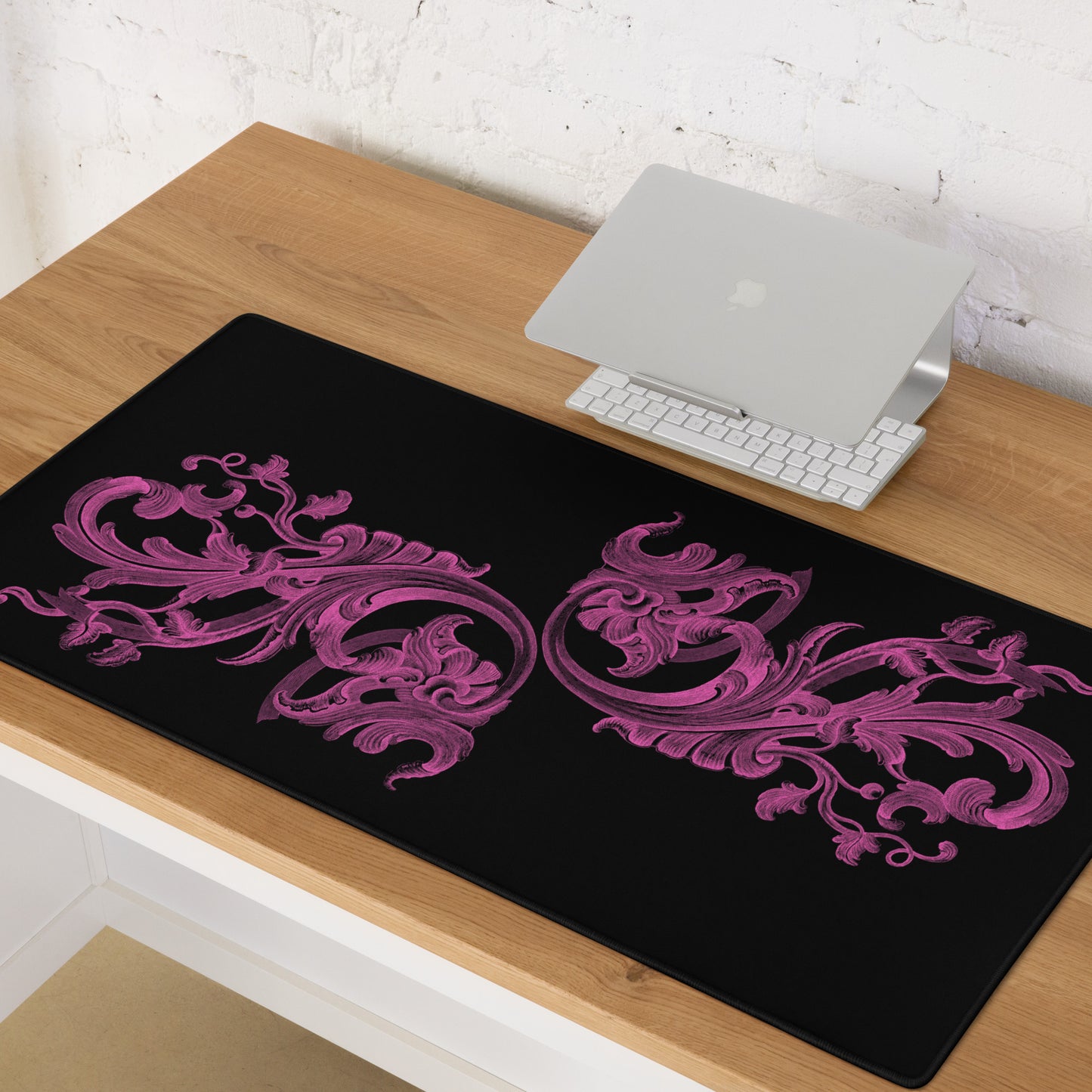 Art Nouveau Filigree Pink Black Desk Mat Large Laptop Gaming Mouse Pad 36″ × 18″